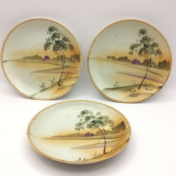 Antique Hand Painted Nippon Saucers Set of 6 - Picture 7 of 8